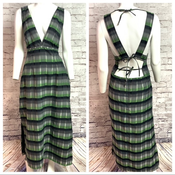 mecca Dresses & Skirts - Mecca Tie Back Deep V-Neck Green Plaid Dress Large